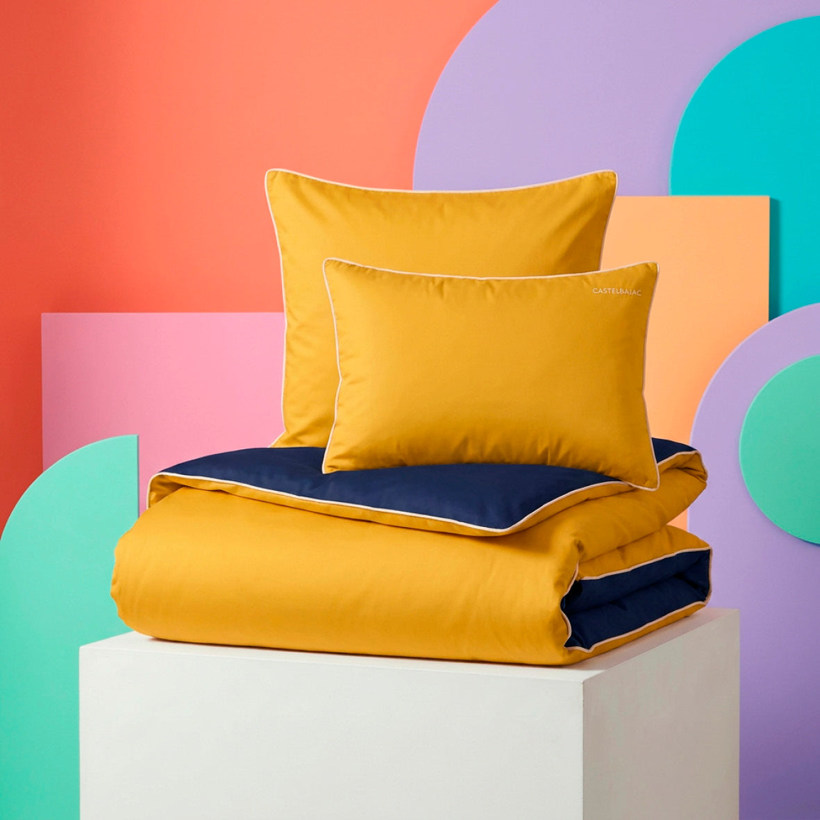 Duvet cover + pillowcase cotton satin - Uni piping - Honey gold / Navy blue