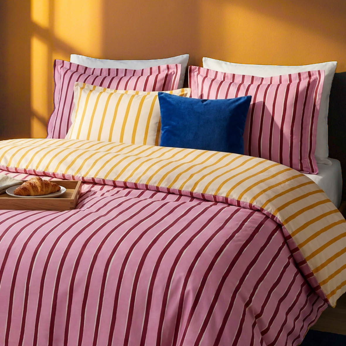 Duvet cover + pillowcase cotton satin - Rayure en écho - Pink / Yellow