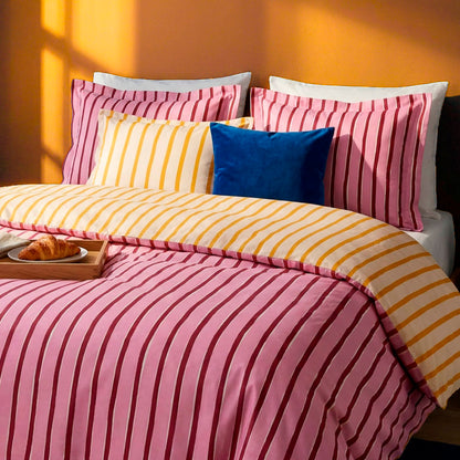 Duvet cover + pillowcase cotton satin - Rayure en écho - Pink / Yellow