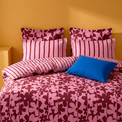 Duvet cover + pillowcase cotton satin - Éclosion carmine - Pink / Red