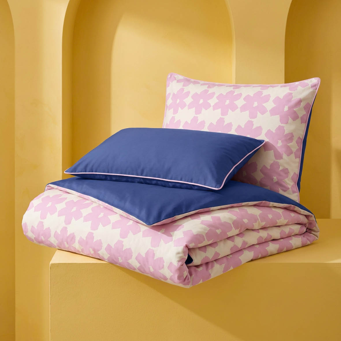 Duvet cover + pillowcase cotton satin - Pervenche - Pink / Cobalt blue