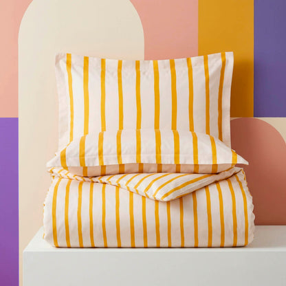 Duvet cover + pillowcase cotton satin - Sérénité rayée - Yellow