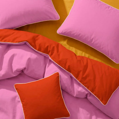 Duvet cover + pillowcase cotton satin - Uni piping - Bubblegum / Spicy pumpkin