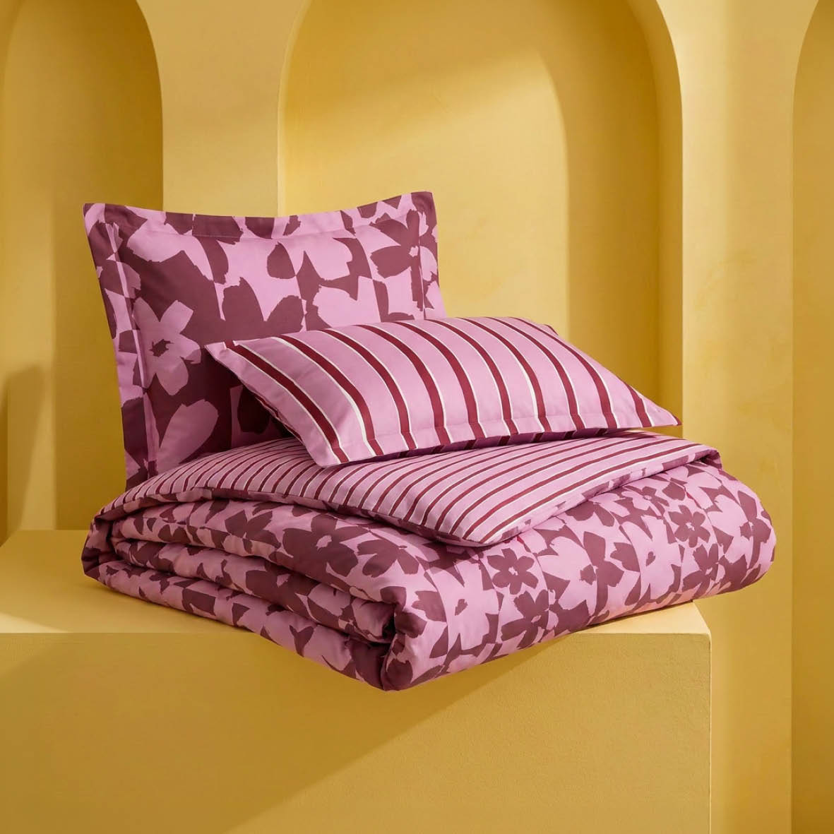 Duvet cover + pillowcase cotton satin - Éclosion carmine - Pink / Red