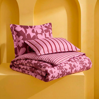 Duvet cover + pillowcase cotton satin - Éclosion carmine - Pink / Red