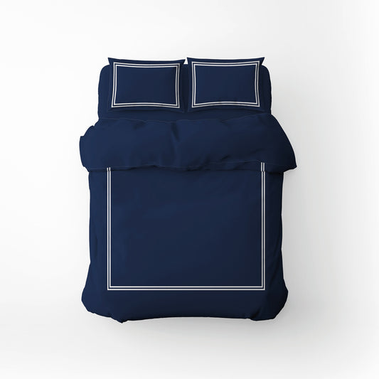 Housse de couette + taie d'oreiller satin de coton - Annecy Blanc / Bleu fonce