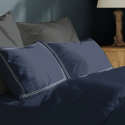 Taie(s) d'oreiller satin de coton - Annecy Blanc / Bleu fonce