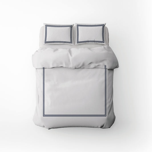 Housse de couette + taie d'oreiller satin de coton - Annecy Bleu fonce / Blanc