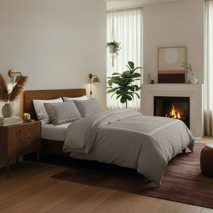Flat sheet cotton satin  - Annecy White / Taupe