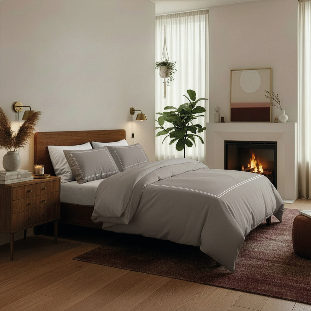 Sheet set cotton satin  - Annecy White / Taupe