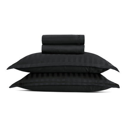 Sheet set cotton satin dobby stripe woven  -  Black