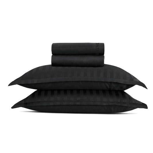 Sheet set cotton satin dobby stripe woven  -  Black