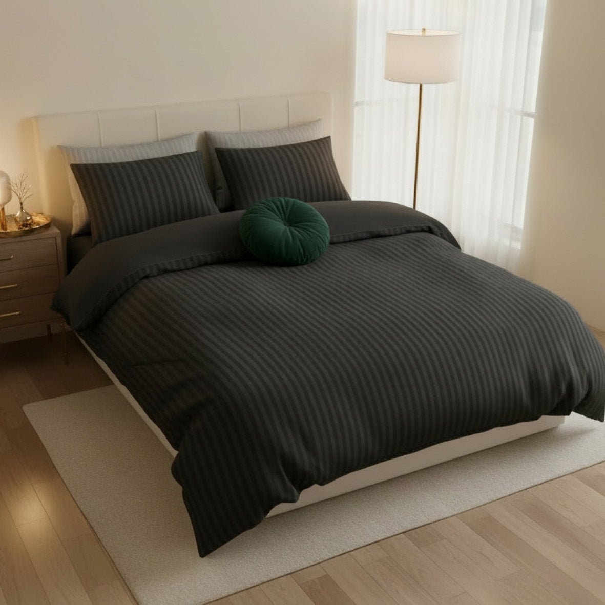 Sheet set cotton satin dobby stripe woven  -  Black