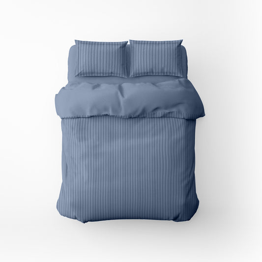 Housse de couette + taie d'oreiller satin de coton rayure tissé dobby -  Bleu 06