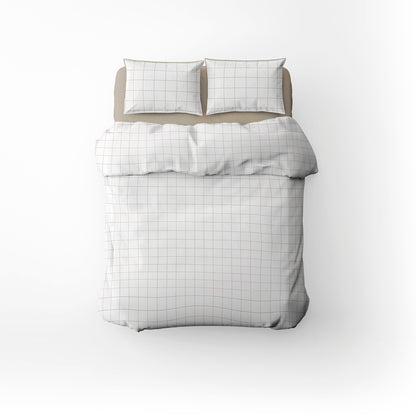 Duvet cover + pillowcase cotton satin  - Carreaux minimalistes White / Taupe