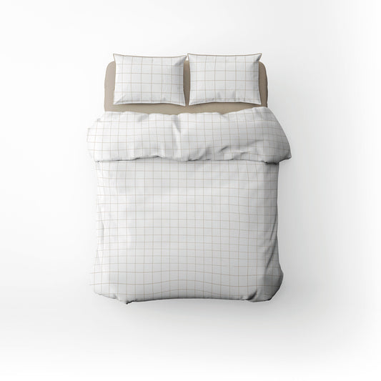 <p>Housse de couette + taie d'oreiller satin de coton - Carreaux minimalistes Blanc / Taupe</p>