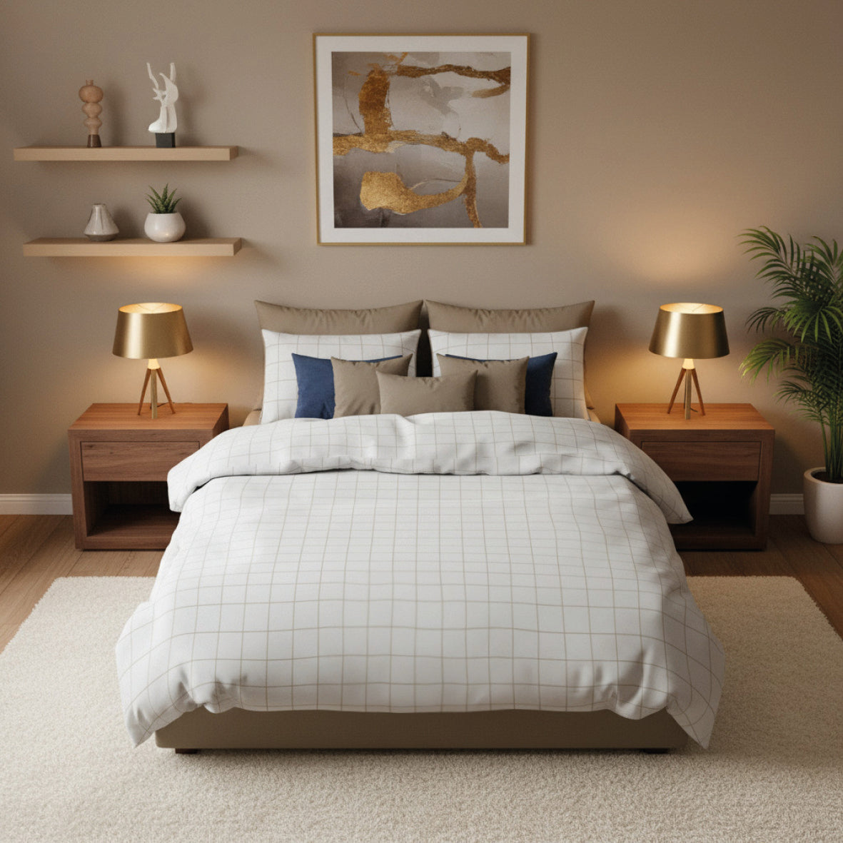 Pillowcase(s) cotton satin  - Carreaux minimalistes White / Taupe