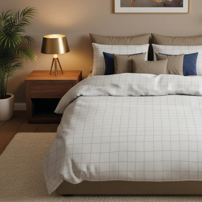 Pillowcase(s) cotton satin  - Carreaux minimalistes White / Taupe