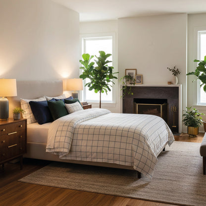 Pillowcase(s) cotton satin  - Carreaux minimalistes White / Blue