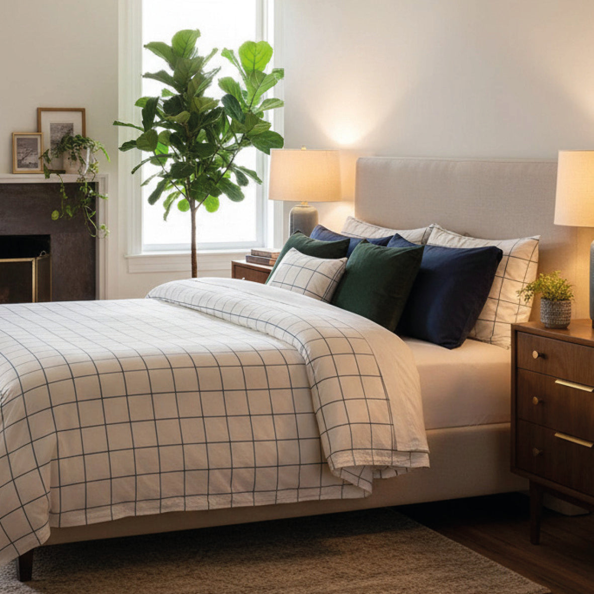 Pillowcase(s) cotton satin  - Carreaux minimalistes White / Blue