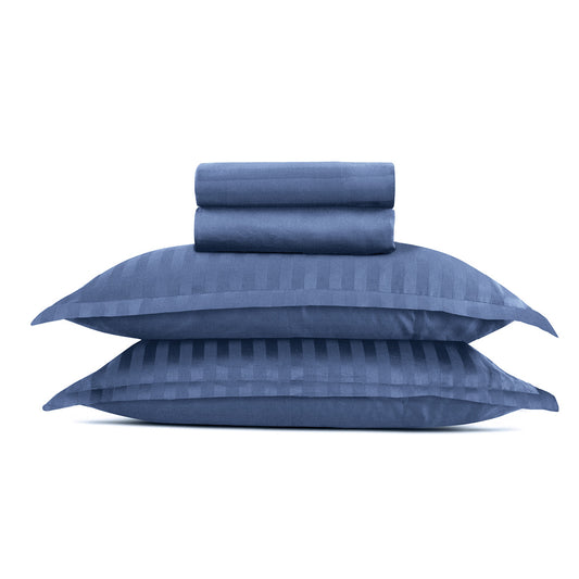 Sheet set cotton satin dobby stripe woven - Blue