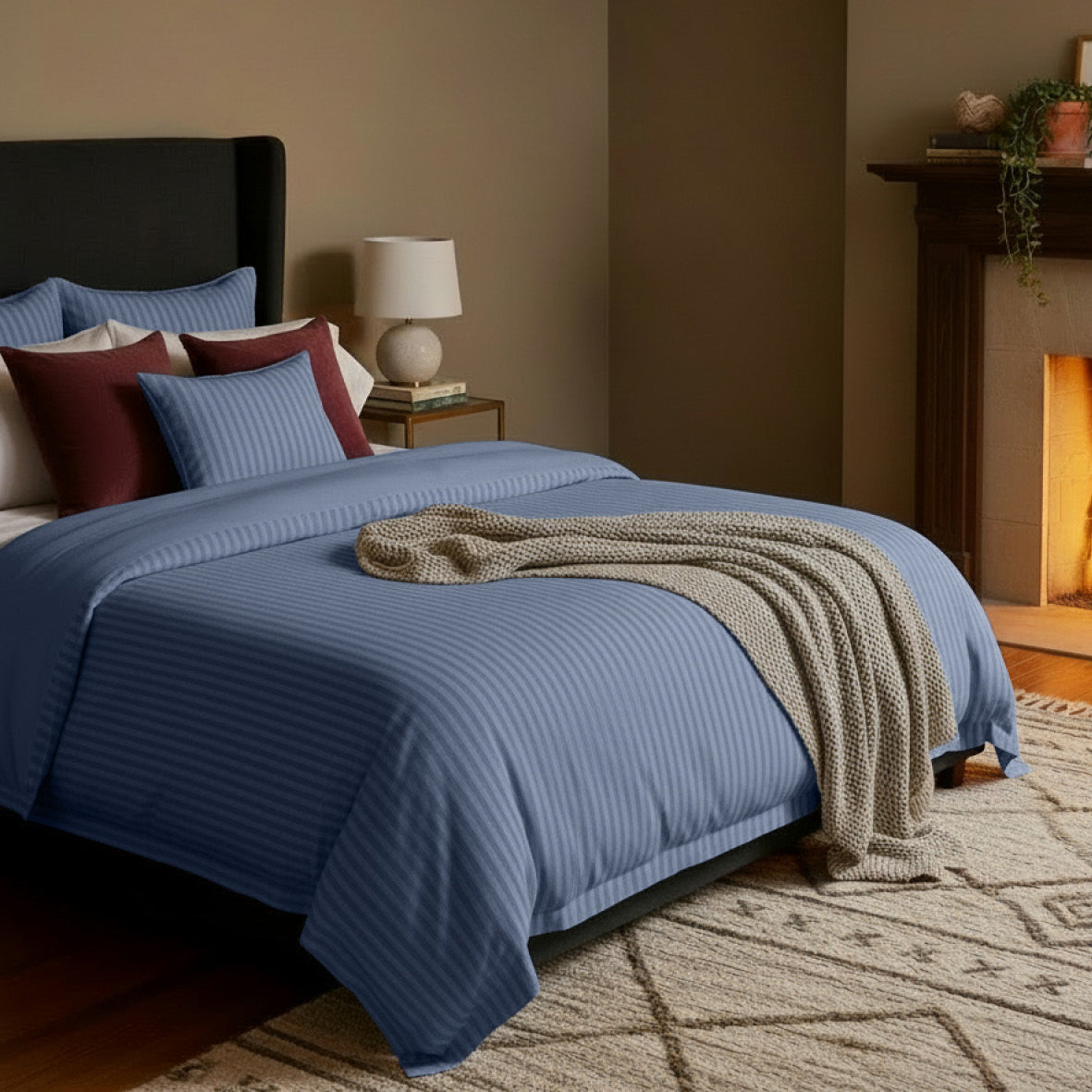 Sheet set cotton satin dobby stripe woven - Blue