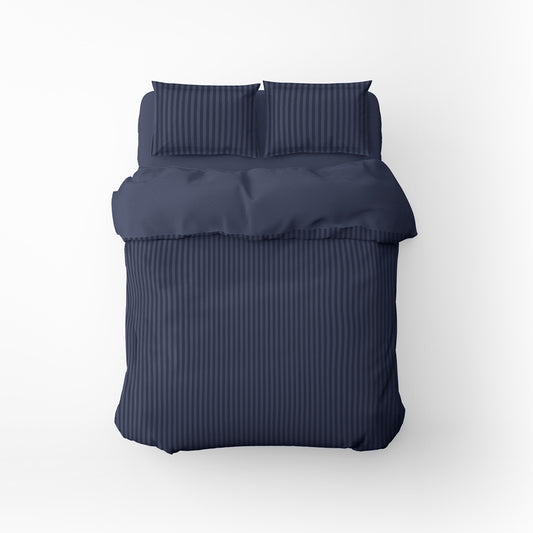 Duvet cover + pillowcase cotton satin dobby stripe woven - Dark blue