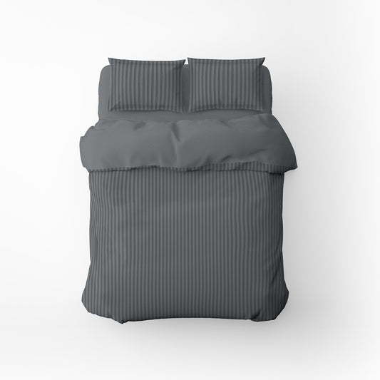 Duvet cover + pillowcase cotton satin dobby stripe woven - Dark grey