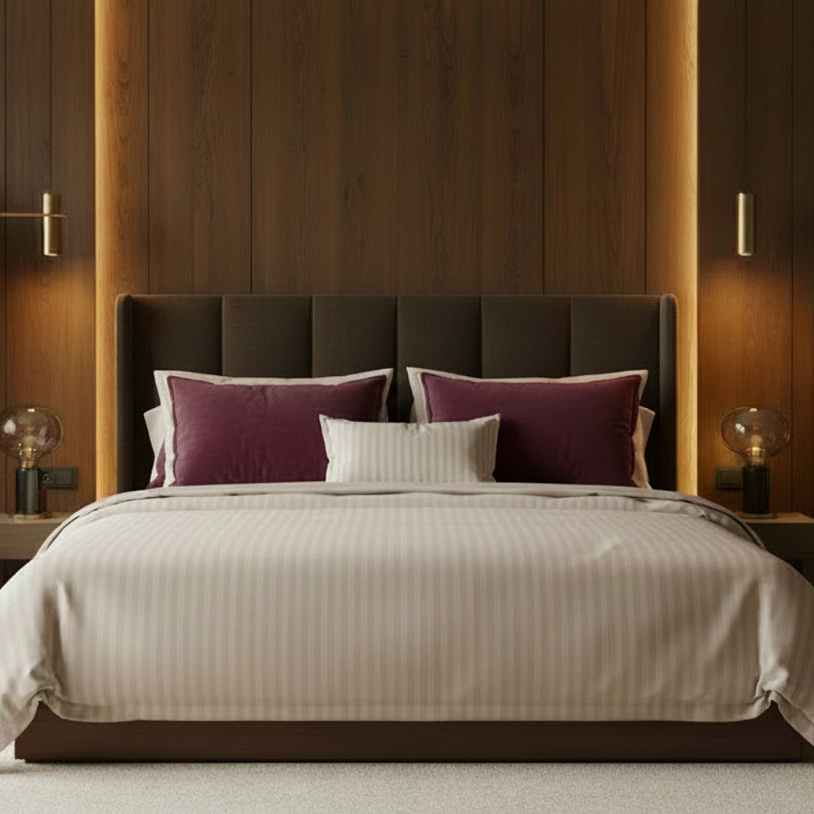 Duvet cover + pillowcase cotton satin dobby stripe woven - Taupe