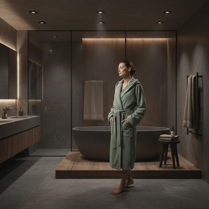 <p>Peignoir coton velours avec capuche - Uni Vert sauge</p>