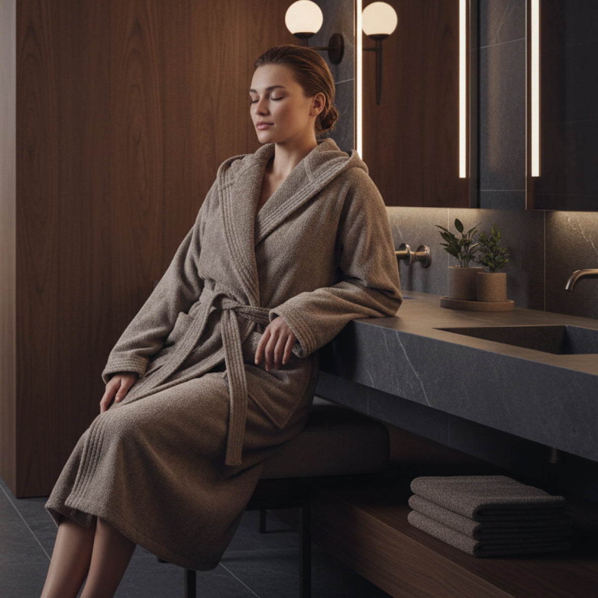 <p>Peignoir coton velours avec capuche - Uni Taupe</p>