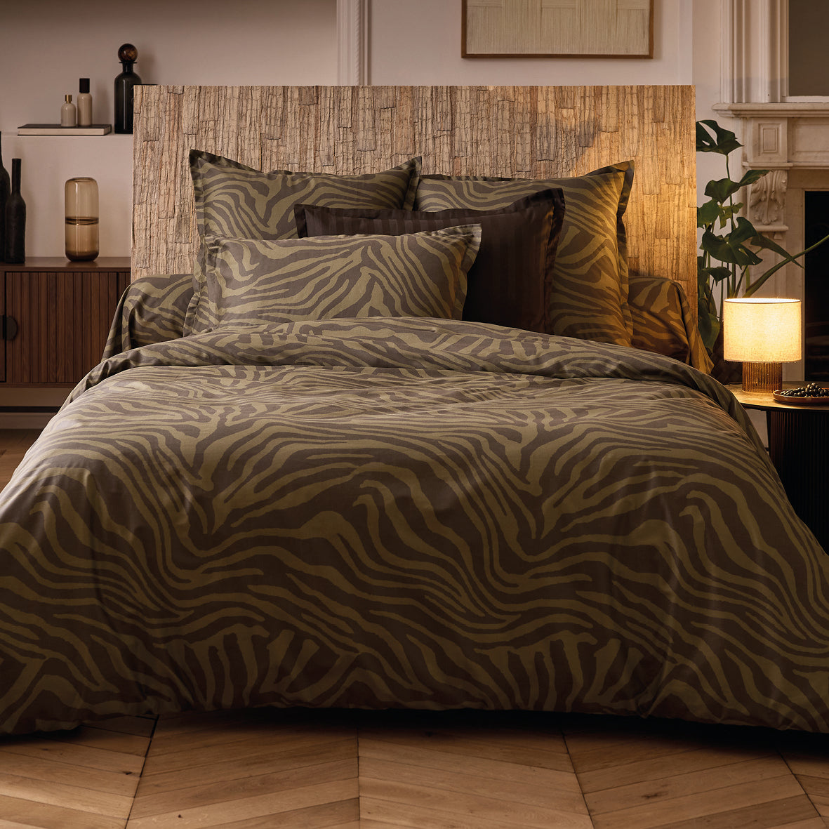 Duvet cover + pillowcase cotton satin  - Evasion zébrée Dark green