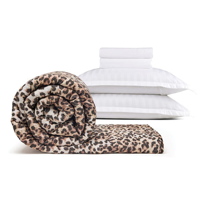 Sheet set + bedspread cotton satin - Dobby stripe woven / Fauve White / Light brown