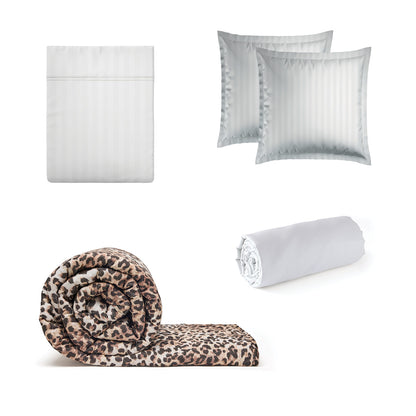 Sheet set + bedspread cotton satin - Dobby stripe woven / Fauve White / Light brown