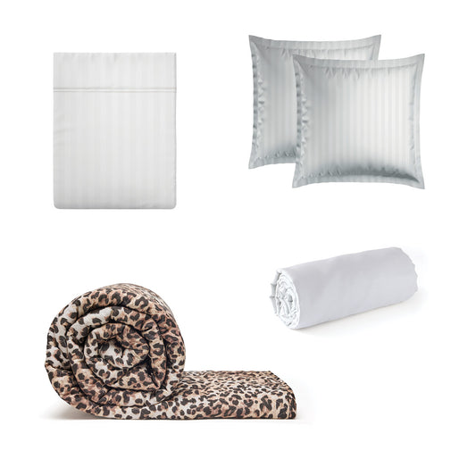 Sheet set + bedspread cotton satin - Dobby stripe woven / Fauve White / Light brown