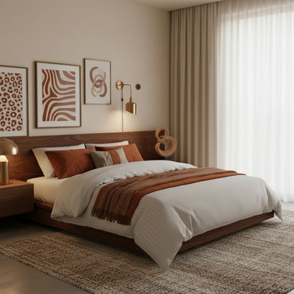 Sheet set + bedspread cotton satin - Dobby stripe woven / Fauve White / Light brown