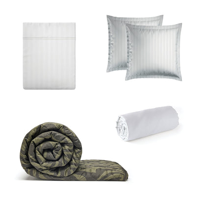 Sheet set + bedspread cotton satin - Dobby stripe woven / Evasion zébrée White / Dark green