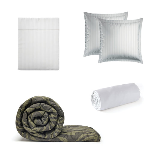 Sheet set + bedspread cotton satin - Dobby stripe woven / Evasion zébrée White / Dark green