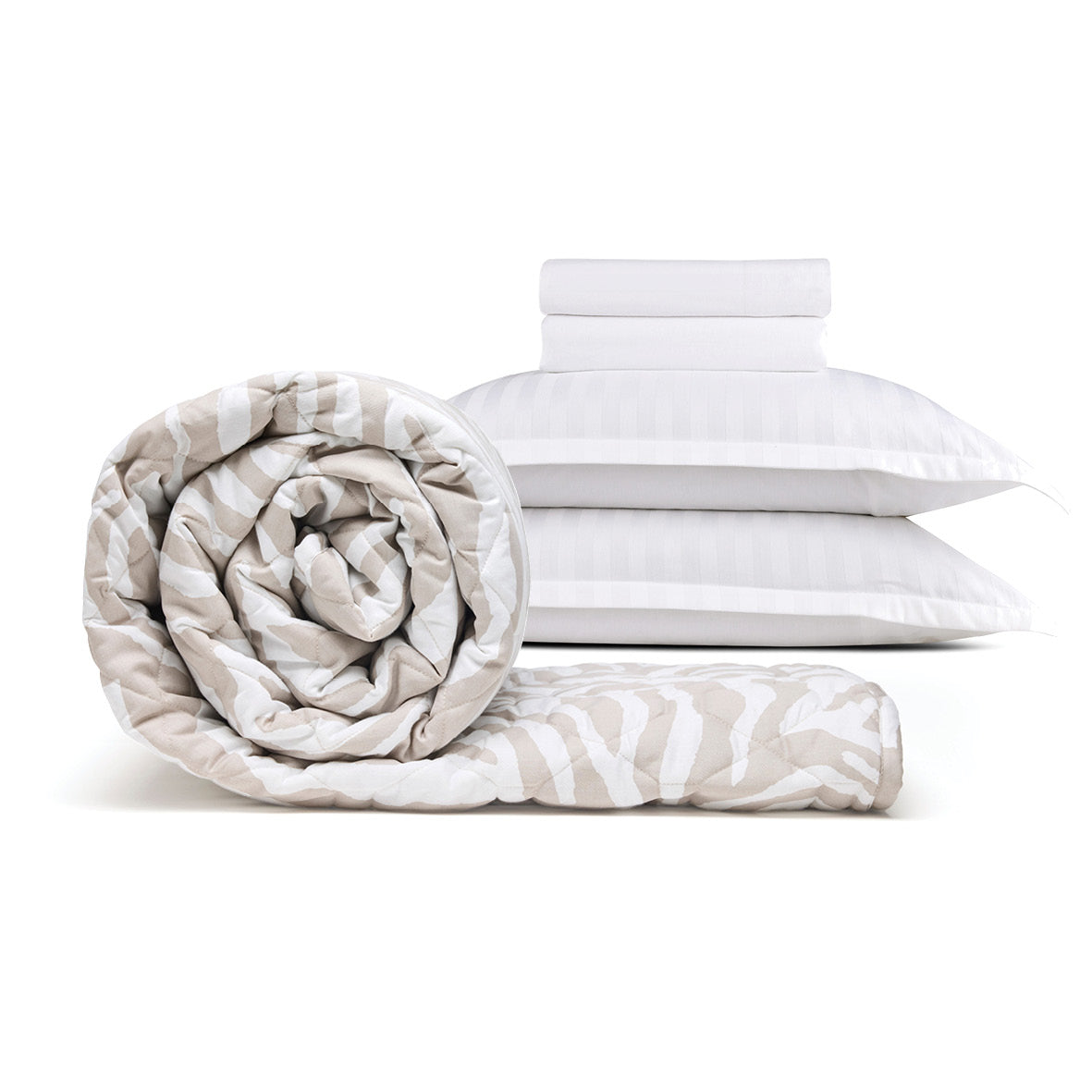 Sheet set + bedspread cotton satin - Dobby stripe woven / Evasion zébrée White / Taupe