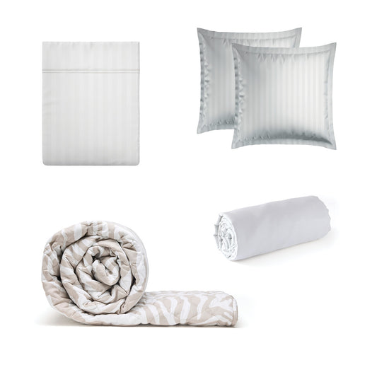 Sheet set + bedspread cotton satin - Dobby stripe woven / Evasion zébrée White / Taupe