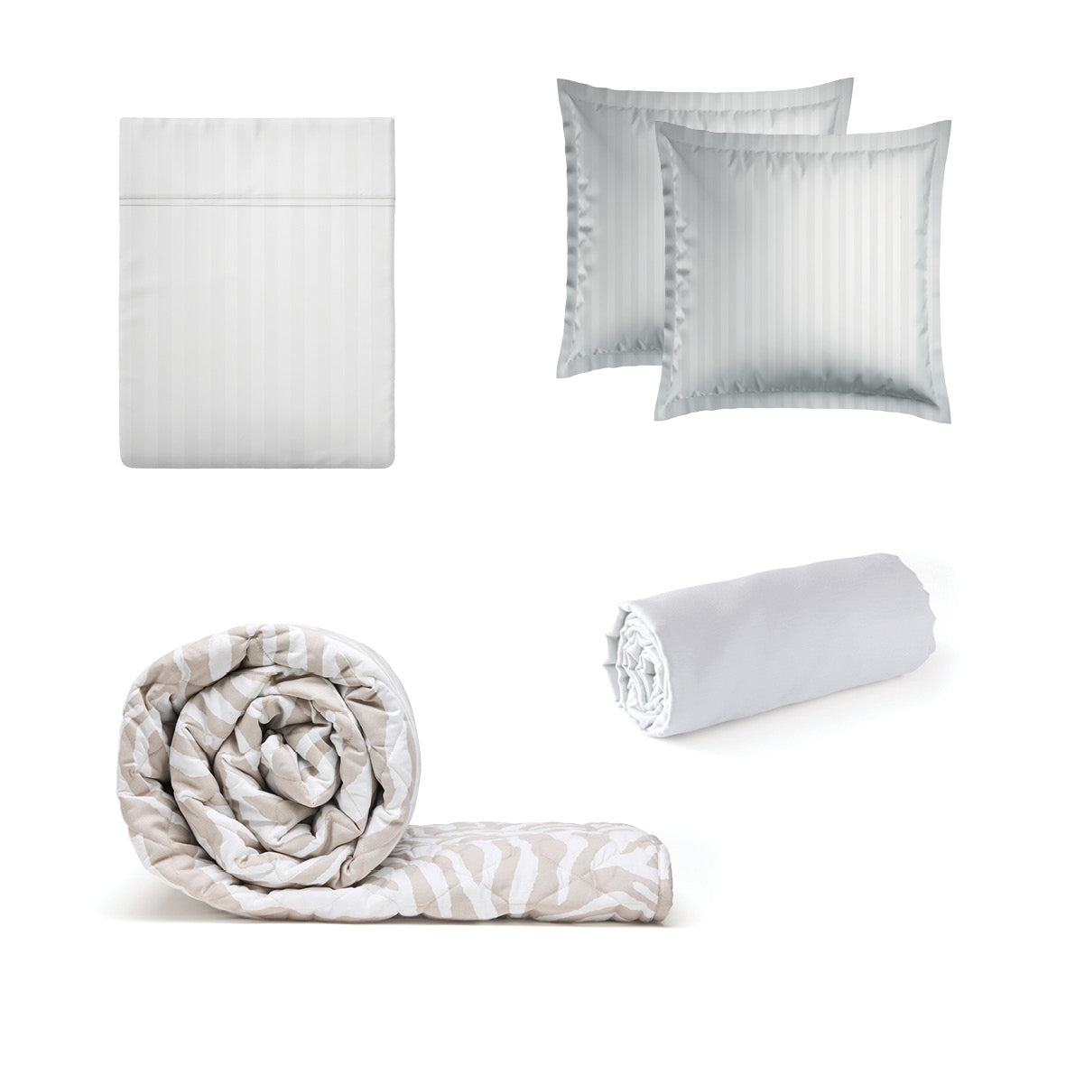 Sheet set + bedspread cotton satin - Dobby stripe woven / Evasion zébrée White / Taupe