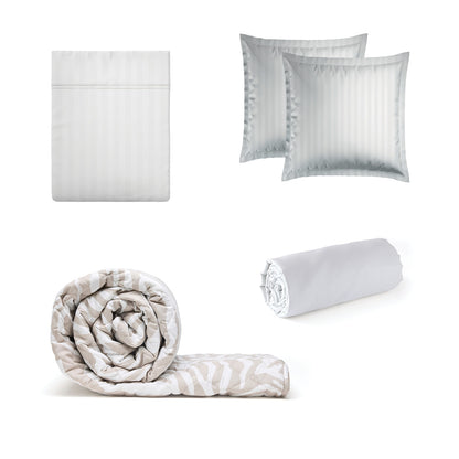 Sheet set + bedspread cotton satin - Dobby stripe woven / Evasion zébrée White / Taupe