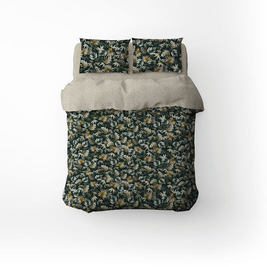 Duvet cover + pillowcase cotton satin - Nuit tropicale Khaki