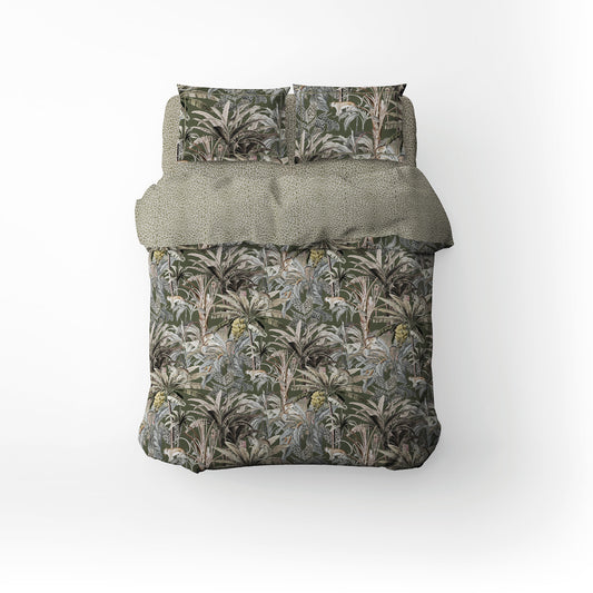 Duvet cover + pillowcase cotton satin - Safari botanique Green