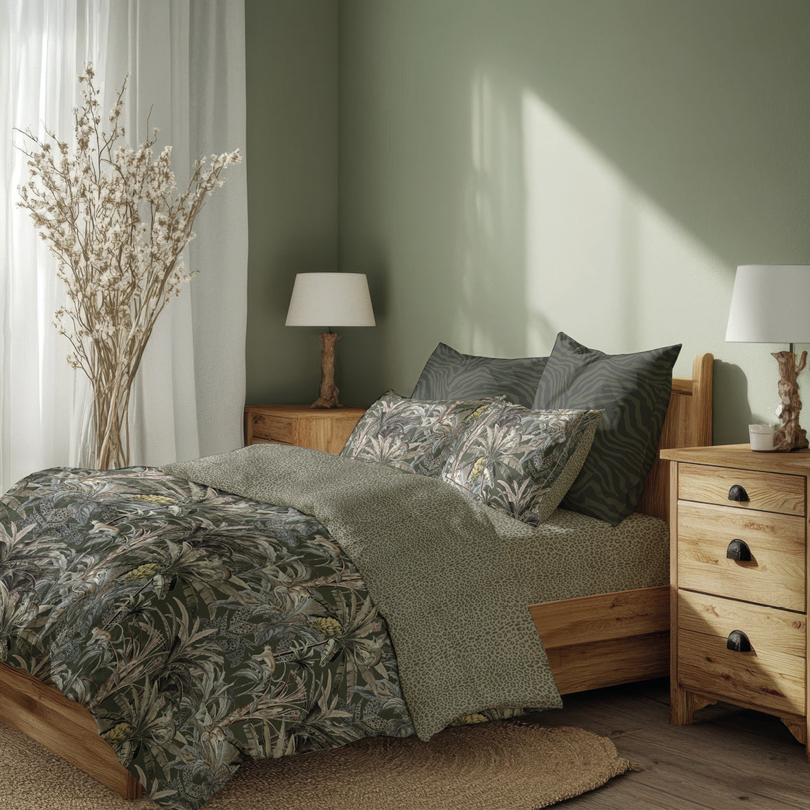 Duvet cover + pillowcase cotton satin - Safari botanique Green