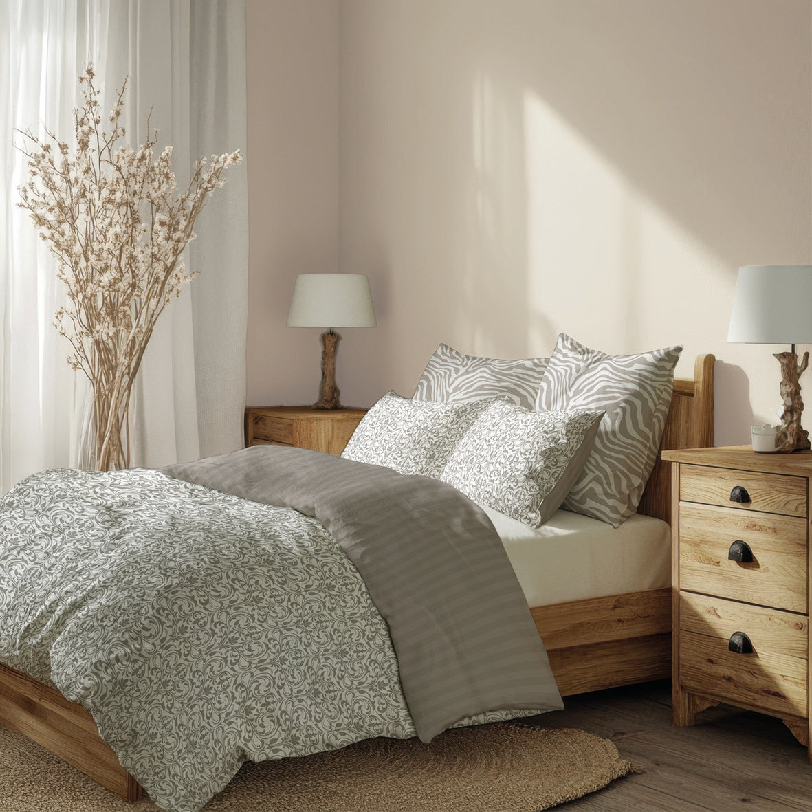 Duvet cover + pillowcase cotton satin Jacquard woven - Symphonie classique White