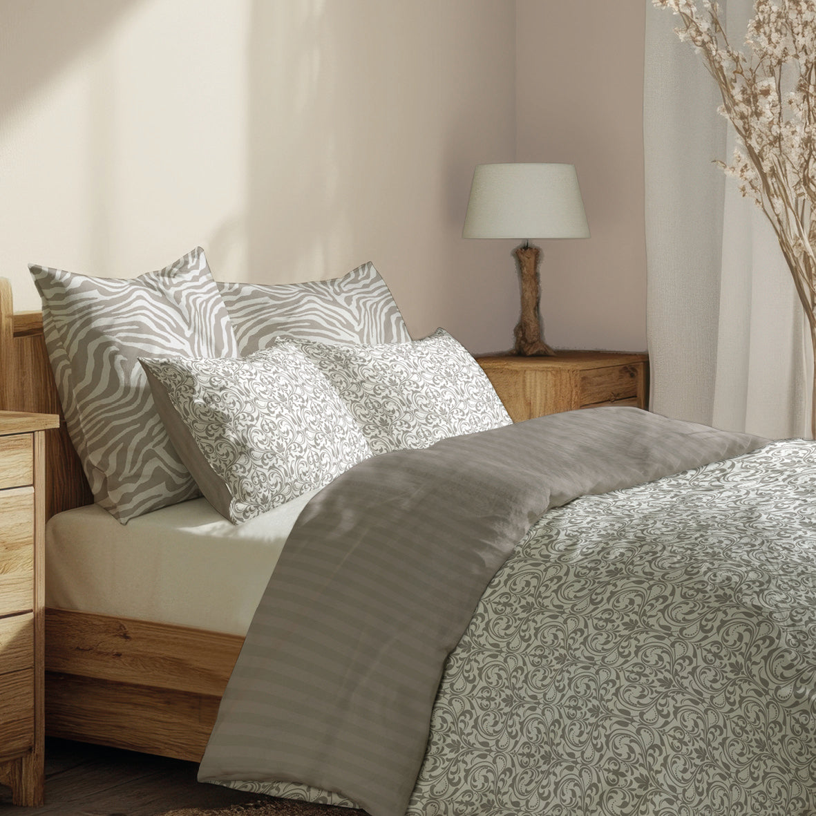 Duvet cover + pillowcase cotton satin Jacquard woven - Symphonie classique White