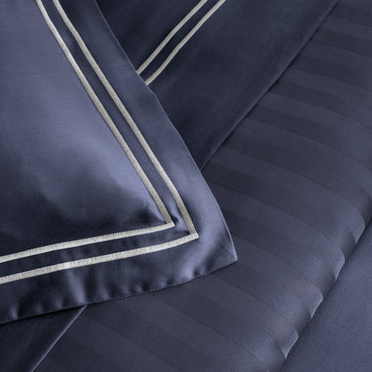 Flat sheet cotton satin - Biarritz White / Dark blue