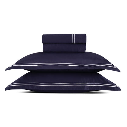 Sheet set cotton satin - Biarritz White / Dark blue