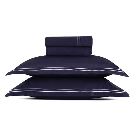 <p>Ensemble de draps satin de coton - Biarritz Blanc / Bleu fonce</p>